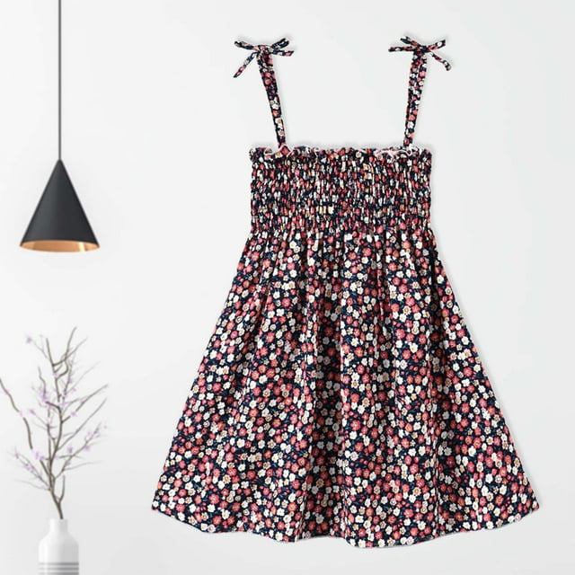 LSLJS Robe Sans Manches à Bretelles Imprimé Floral Plissé pour Bébé Fille Été Vêtements Décontractés (3-4 Ans, Rouge Melon D\'eau)