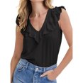 thumbnail image 1 of Top sin mangas con dobladillo con volantes para mujer, cuello en V, color puro, transpirable, moda de verano, camiseta sin mangas, negro S, 1 of 6