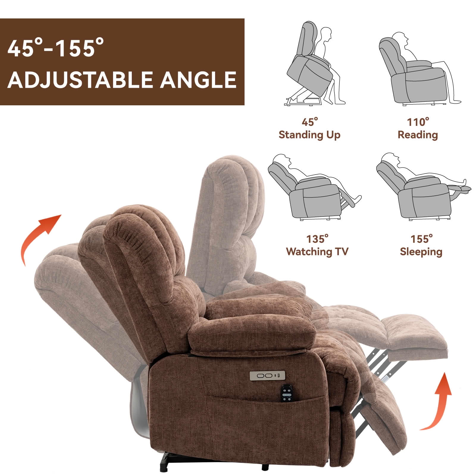 MAYEERTY Brown Chenille Power Lift Recliner, 350lbs 23" Seat 8-Point Massage Heat 39"x41"x42" for Elderly