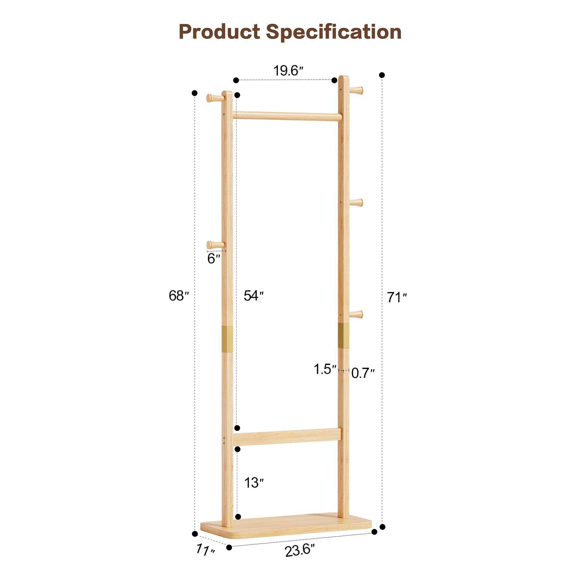 Garitin Coat Rack and Hall Tree 71 Inch, Solid Wood Freestanding Stand with Hooks and Hat Shelf for Entryway Living Room Bedroom, Natural Rubber Wood