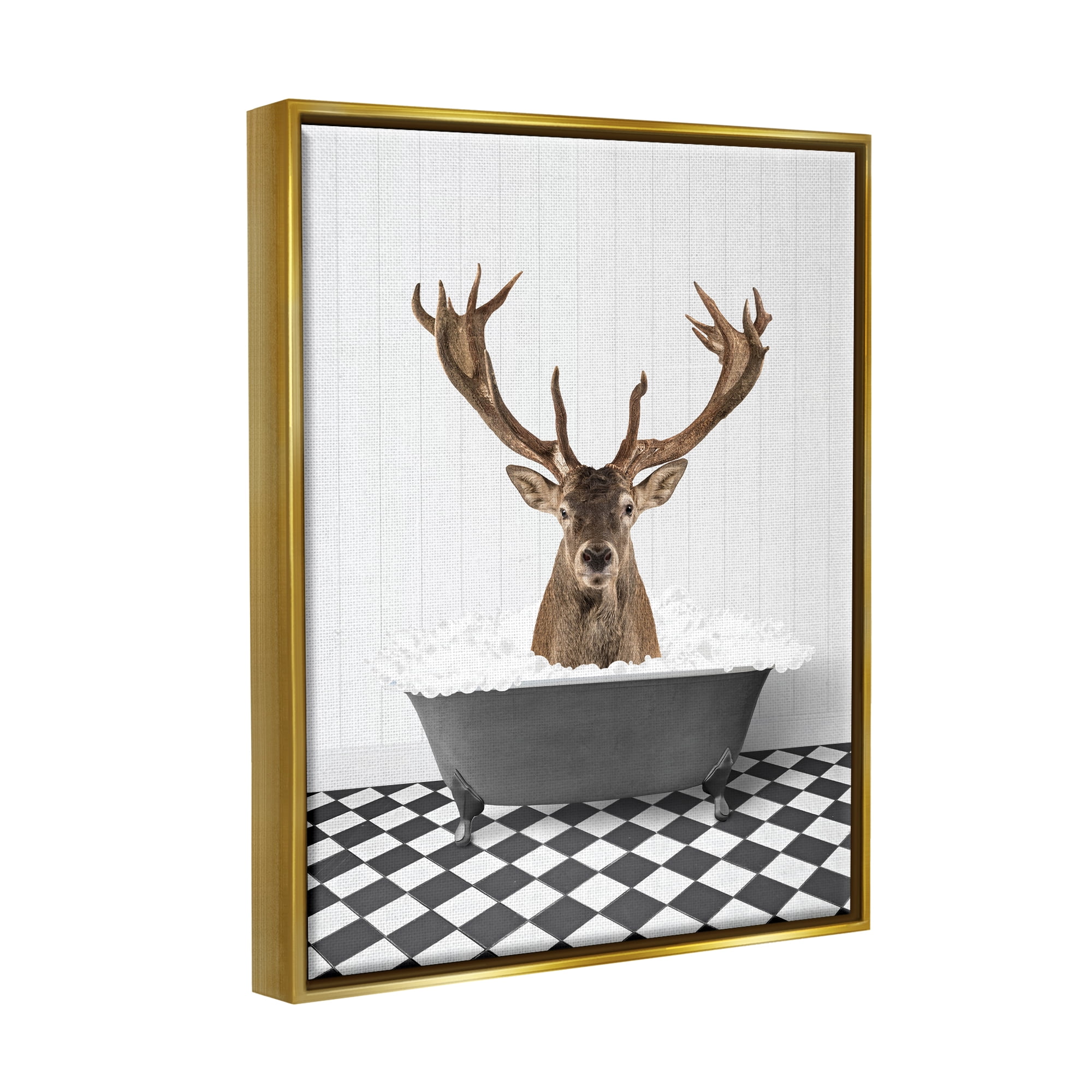 Stupell Industries Deer in Vintage Bathroom Animals & Insects Painting Gold Floater Framed Art Print Wall Art, 17 x 21