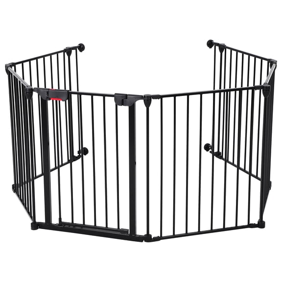 GOCAPTAIN 29-Inch Extra-Wide 6-Panel Metal Safety Gate with Secure Door and Anti-Pinch Mesh, Adjustable Wall-Mounted Barrier for Stairs, Doorways, Indoor and Outdoor Use, Black, 6-Pack