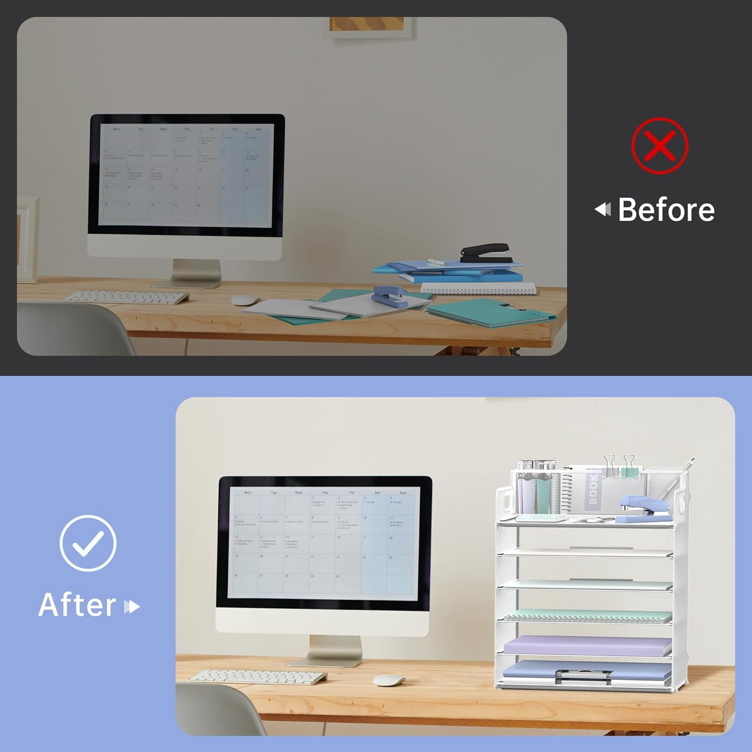 INTIGE 6 Tier Metal Desk File Organizer with Handle and Pen Holders, White, 1 Piece