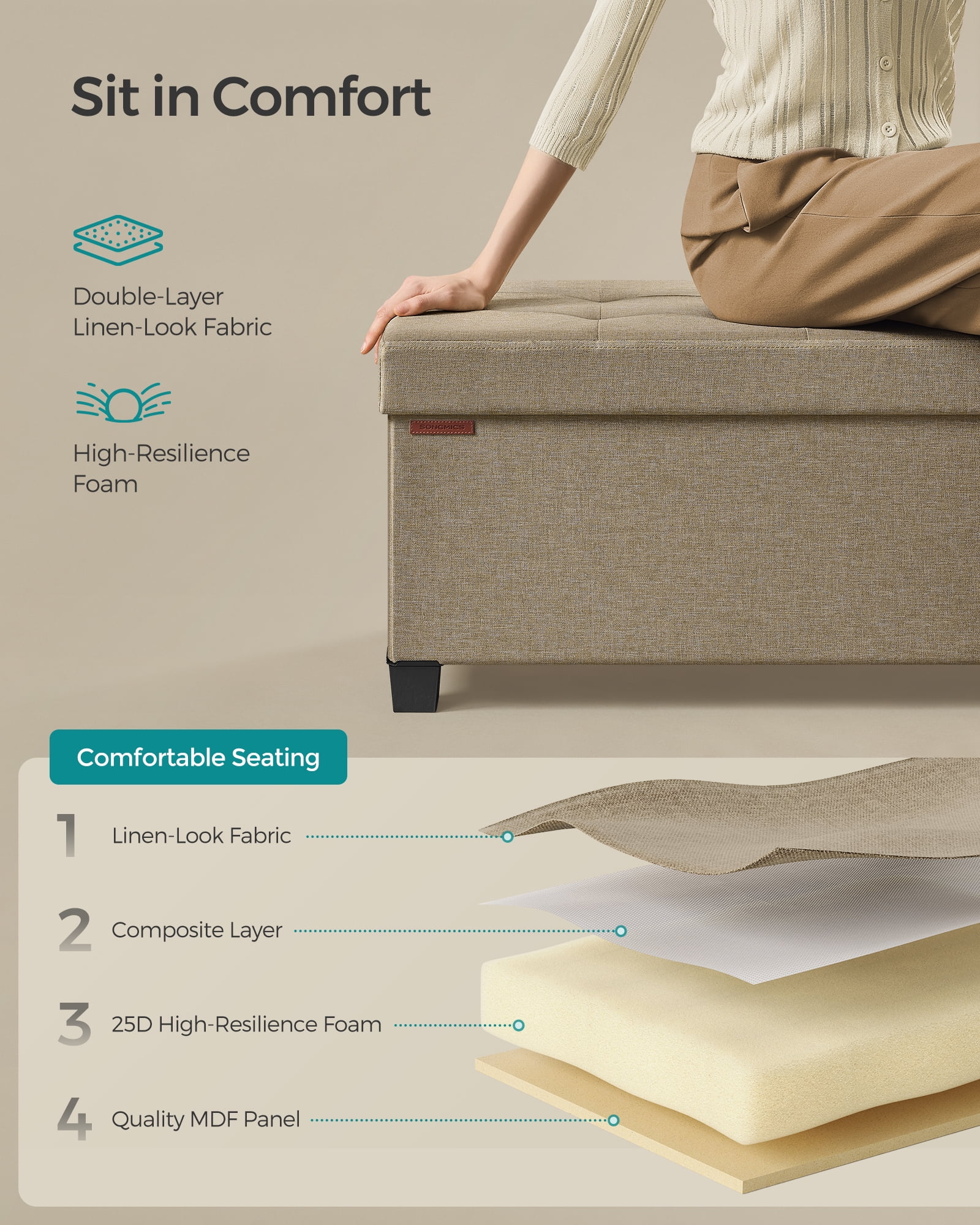 SONGMICS 43" Storage Ottoman Bench Foldable Ottoman with Storage Ottoman for Bedroom Living Room Camel Brown