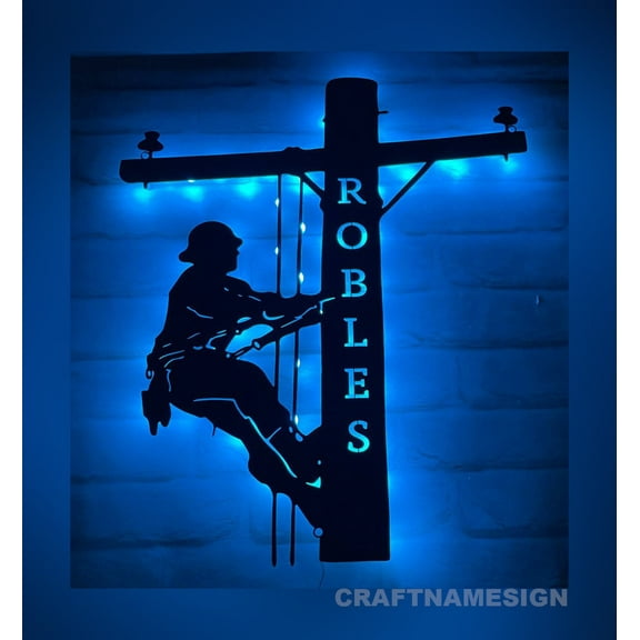 Craftnamesign Personalized US Lineman Metal Wall Art With LED Light, Lineman Metal LED Decor