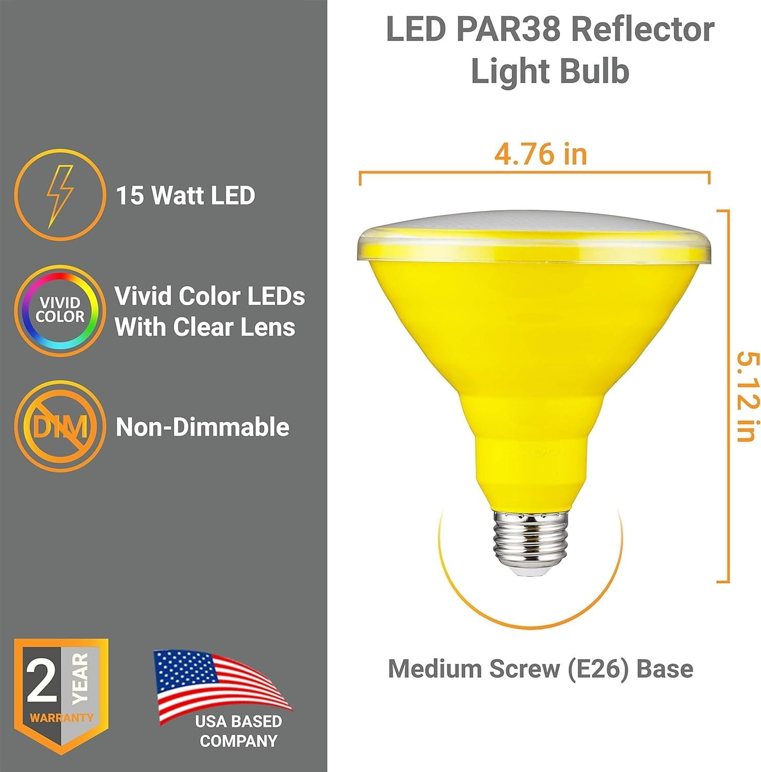 Diodesy- Pack of 3 PAR38/LED/15W/Y PAR38 Yellow LED Bug Light Bulb, 15 Watts, E26 Medium Base Flood Light Bulb for Porch, Party Decoration, Home and Holiday Lighting, Patio, Yards, Non-Dimmable, ETL
