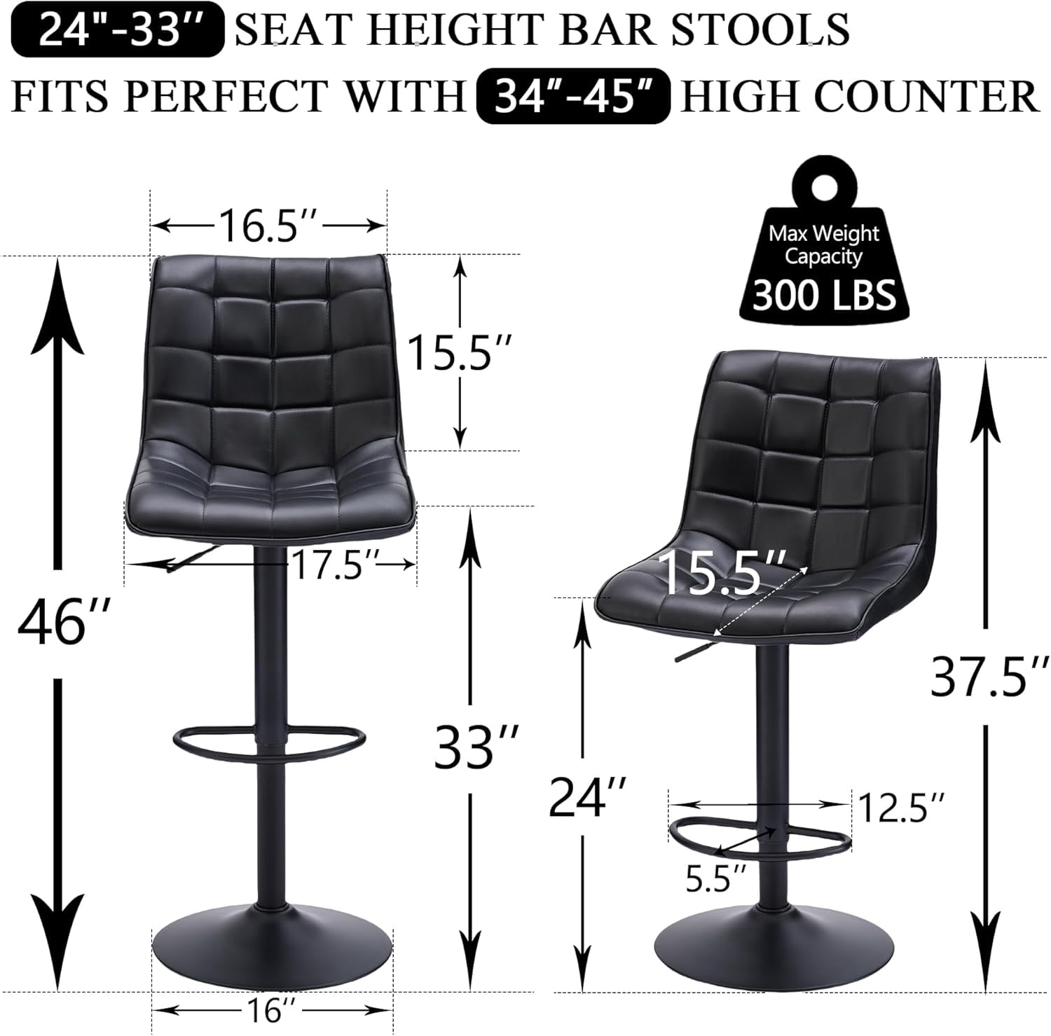 FIRAVOE Bar Stools Set of 3 (High Back)(24"-33" Adjustable) Counter Height Bar Stools, Modern Swivel Barstools Bar Chairs for Kitchen Island, Black