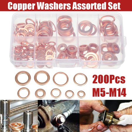 200Pcs Copper Washer Gasket Nut and Bolt Set Flat Ring Seal Assortment