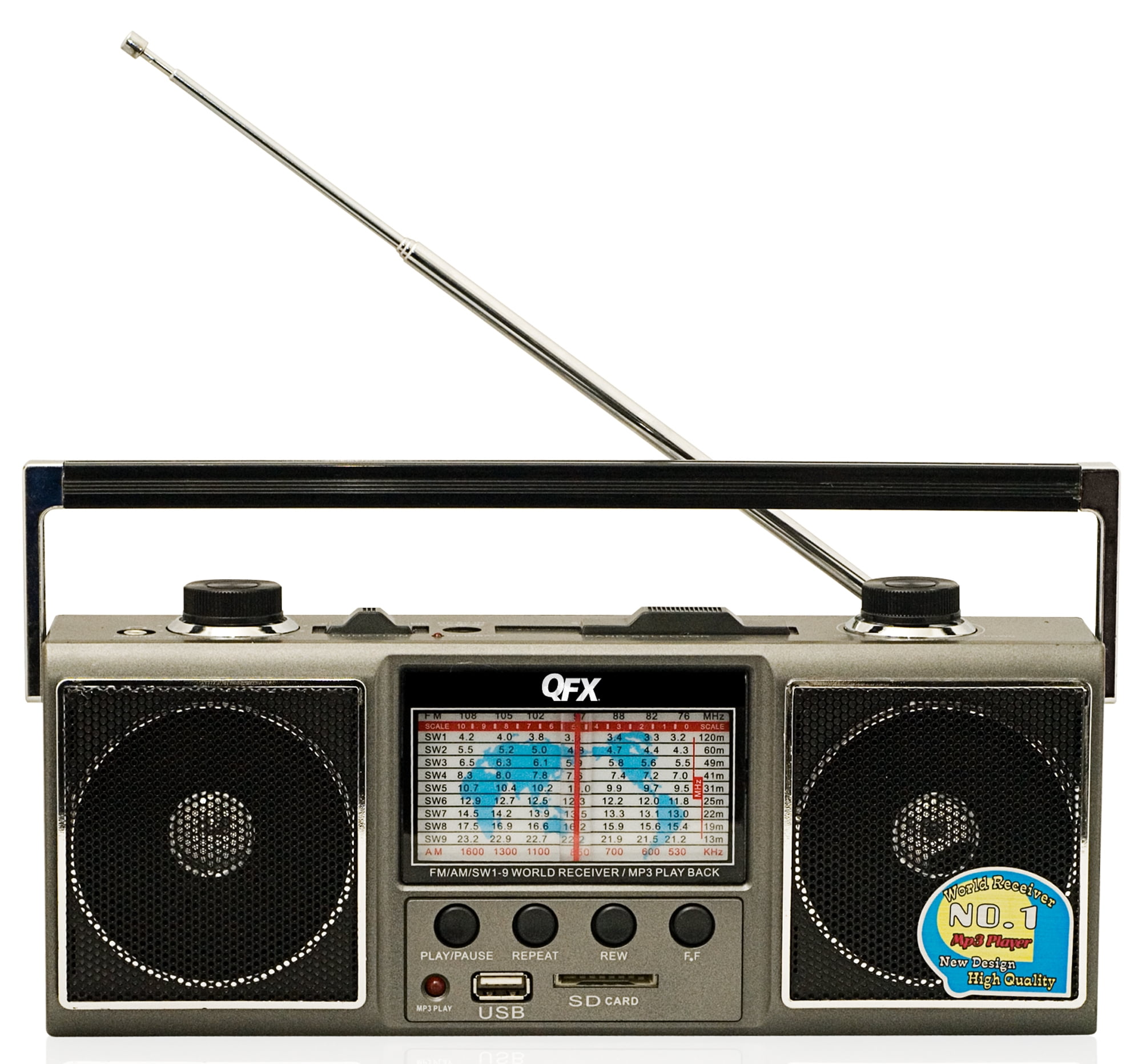 QFX J114U AM/FM Shortwave Radio with USB and SD Card Slot