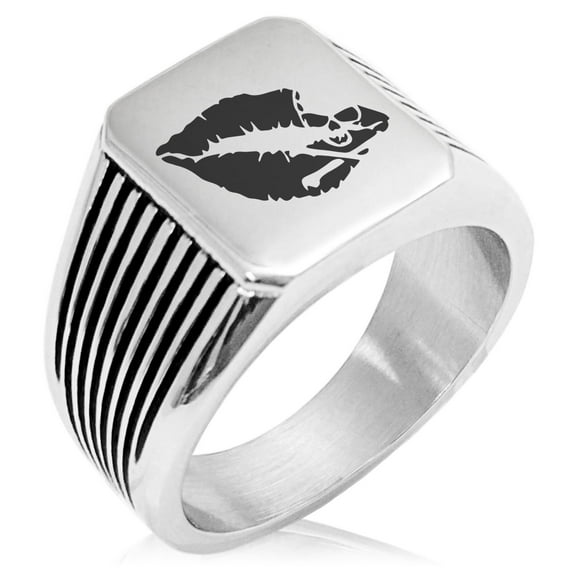 Stainless Steel Skull & Crossbones Kiss of Death Needle Stripe Pattern Biker Style Polished Ring