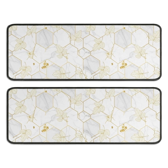 Kitchen Rugs Sets Of 2,White Gold Leaf Hexagon Marble Pattern Anti Fatigue Kitchen Mat Rugs Non Slip Washable,Decorative Kitchen Floor Mats for Kitchen,Sink,Laundry,17"x47" 17"x47"