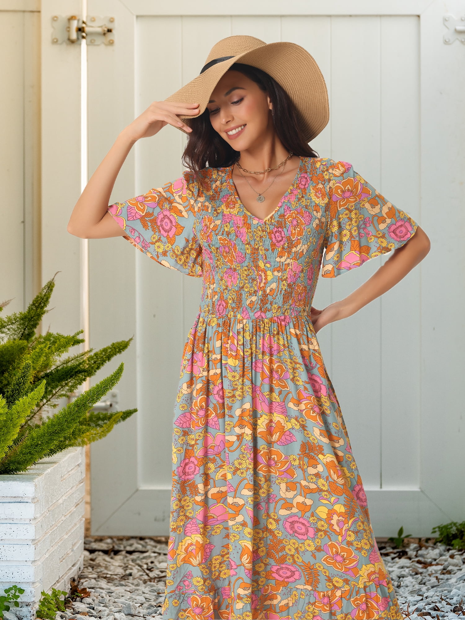 DARING DIVA Short Flutter Sleeve Smocked Flowy Maxi Dres XL Grey Green