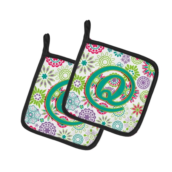 Caroline's Treasures CJ2011-QPTHD Letter Q Flowers Pink Teal Green Initial Pair of Pot Holders, 7.5HX7.5W, multicolor