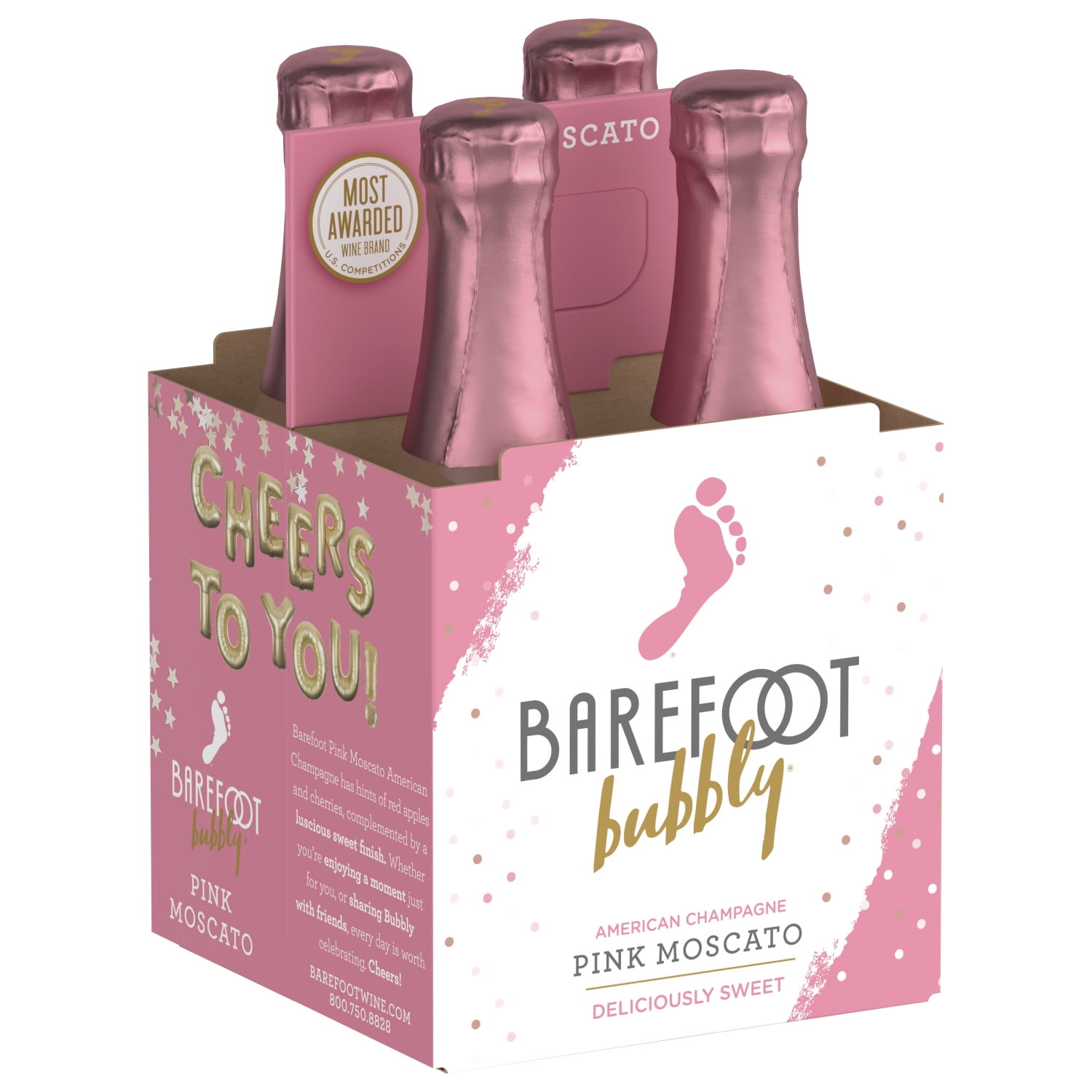 Barefoot Bubbly Pink Moscato Sparkling Rose Wine, 4 Pack, 187ml Bottles