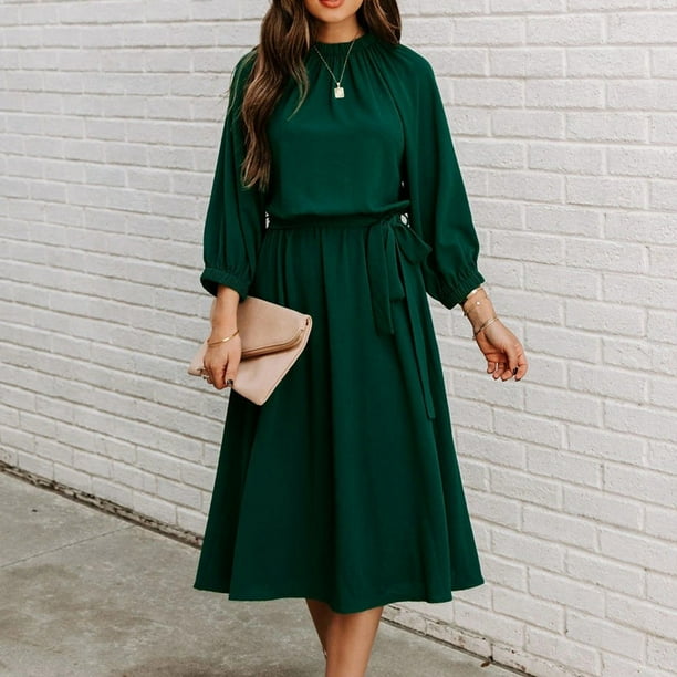 Womens Long Sleeve Dress O neck Spring Autumn Casual Solid Tie Waist Modest Swing Dress Mid calf Elegant Dress