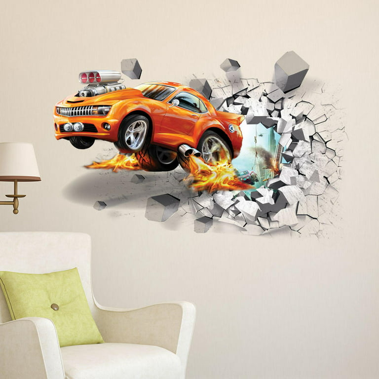VONTER 3D Self-adesive Removable Break Through The Wall Vinyl Wall Stickers  Murals Decals Decorator Kid's Favor Art Dining Room Entryway and Bedroom  Wall Decal-Flying Fire Car (19.7X 27.6) 