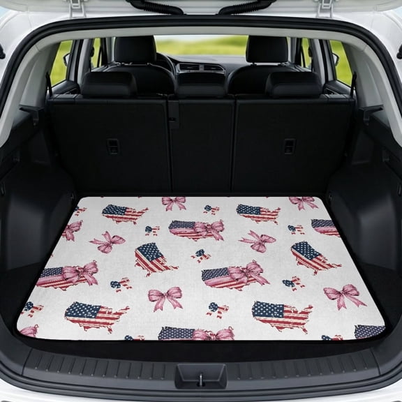 Jeiento USA Map Pink Bow Car Cargo Mat Universal Fit Trunk Pad Patriotic Decor For Road Trip Camping Daily Use