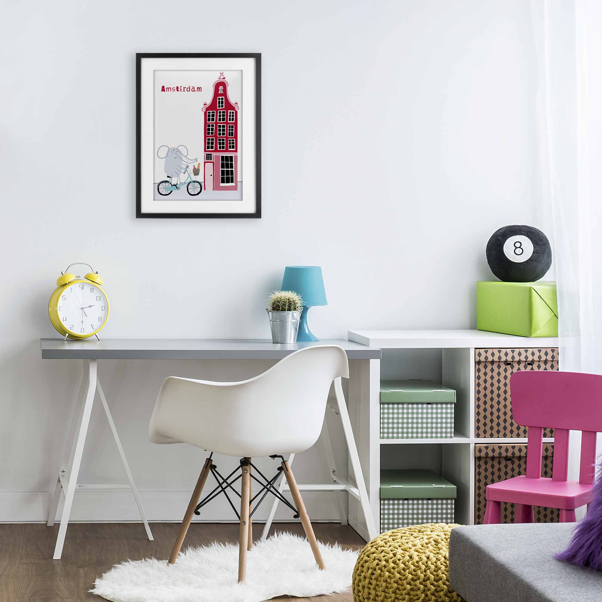 Elephant & Amsterdam Building Black Framed Print Under Glass, design by Carla Daly