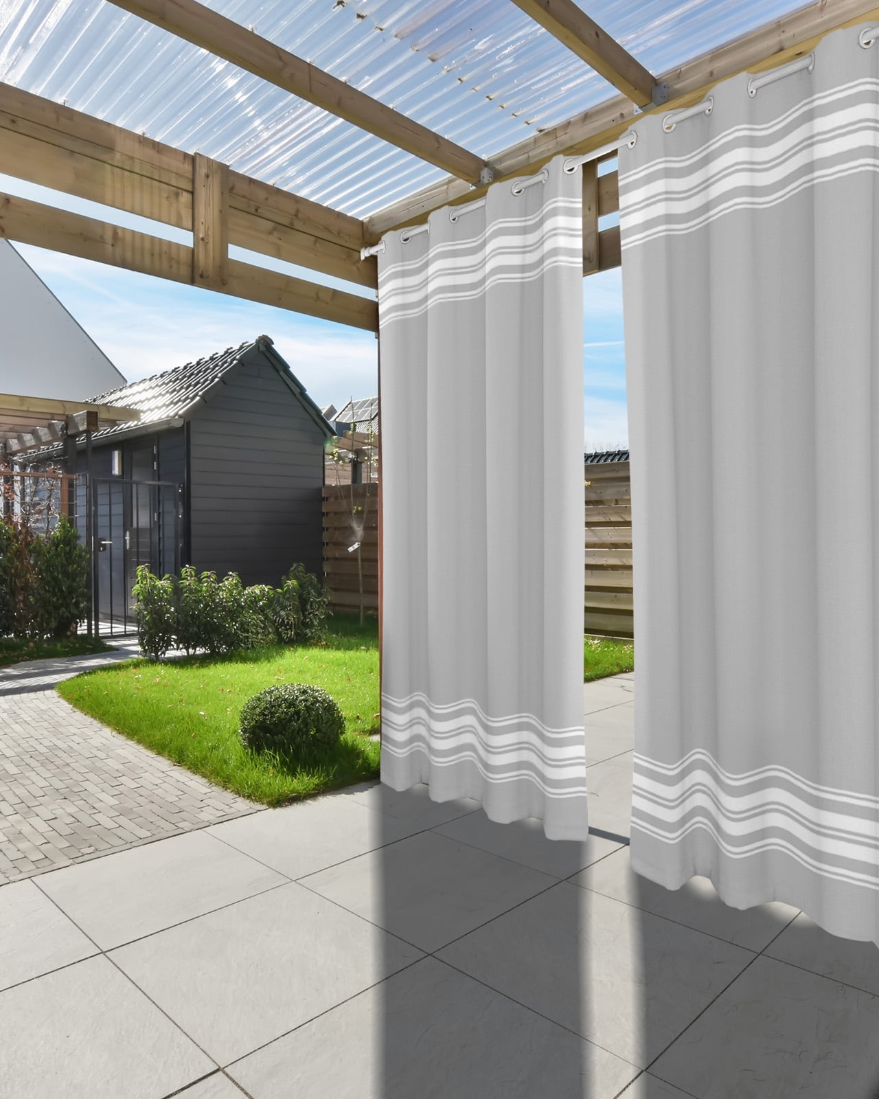 Outdoor Curtains for Patio, Grey Striped Waterproof Blackout Outside Curtain for Porch/Pergola/Gazebo, Luxurious White Stripes Modern Abstract Art Thermal Insulated Drapes, 2 Panels, 54 x 84 Inch