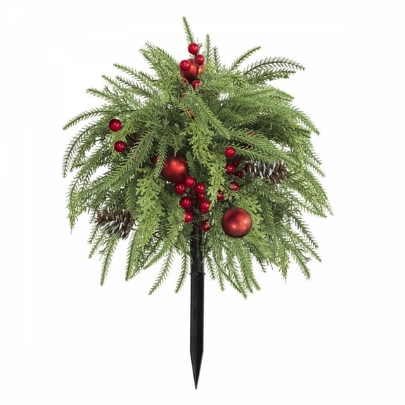 Artificial Pine Christmas Tree Stake, Norfolk Pine Christmas Ground Stake Pick, Faux Evergreen Pine Sprig with Red Berries Shiny Ball Ornaments Pinecones, Waterproof Outdoor Grave Yard Lawn Decor 1PC