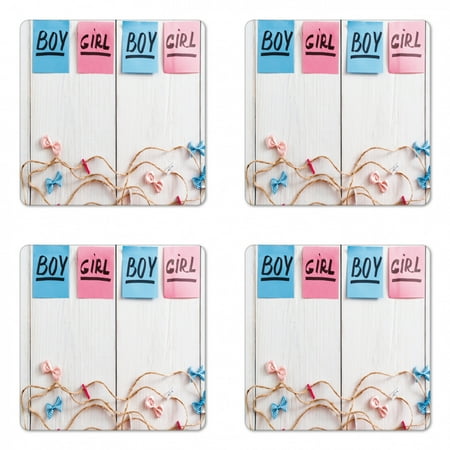 

Gender Reveal Coaster Set of 4 Colorful Stickers Garland and Ribbons Greetings on Wooden Seem Background Square Hardboard Gloss Coasters Standard Size Multicolor by Ambesonne