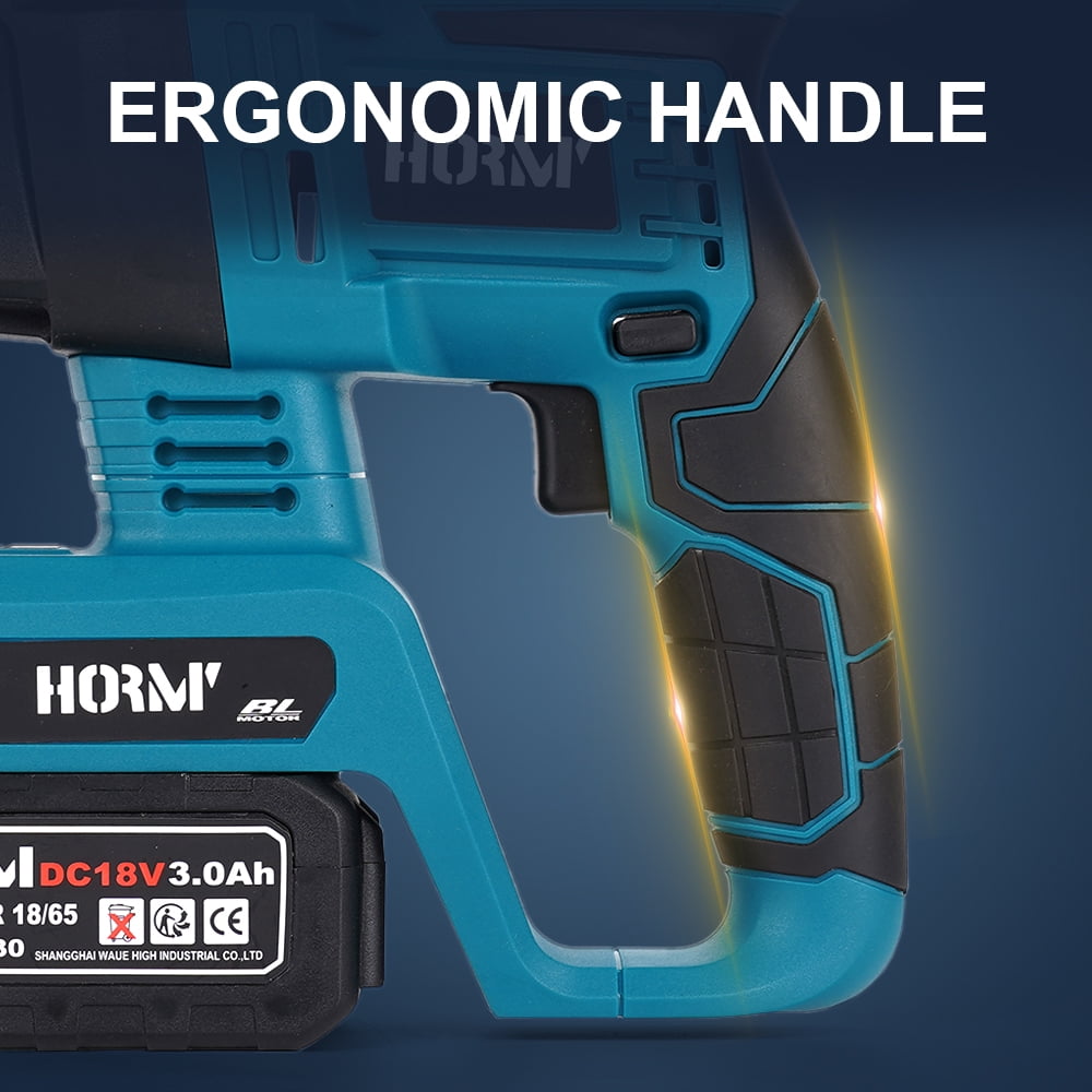 HORMY SDS-Plus Rotary Hammer Drill, 4 Functions Brushless Hammer Drill with Two 3.0A Batteries and 1 Fast Charger for Concrete Rock Floor Tile Removal