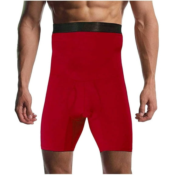 USNSM (S-5XL)Plus Size Men Tummy Control Shorts Compression Underwear High Waist Trainer Boxer Briefs Tight Pants Shapewear Red S