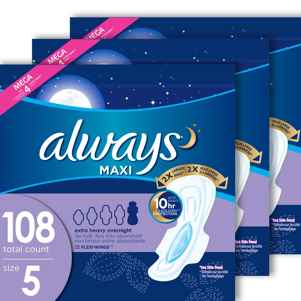 Always Maxi Overnight Pads, Winged, Unscented, Size 5, 108 ct Walmart