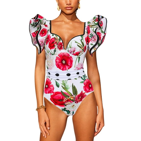 Flaxmaker Women's Rose Printed One Piece Swimsuit and Skirt Bathing Suit Two Pieces Swimwear Set