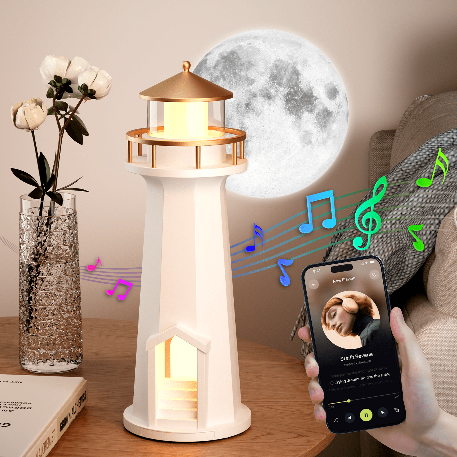 Wireless Charging Lighthouse Night Light | Bluetooth Speaker + Sleep Aid Light with Moon Projection Function, Bedroom Decorative Lighting Gift