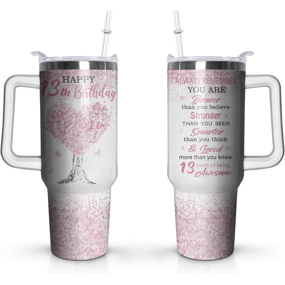 13th Birthday Gifts Cup, 40 Oz Stainless Steel Tumbler with Handle & Straw, 13 Years Old Birthday Gifts for Girls Coffee Mug, 13th Birthday Decorations for Girls, Happy 13th Birthday Gifts for Girls