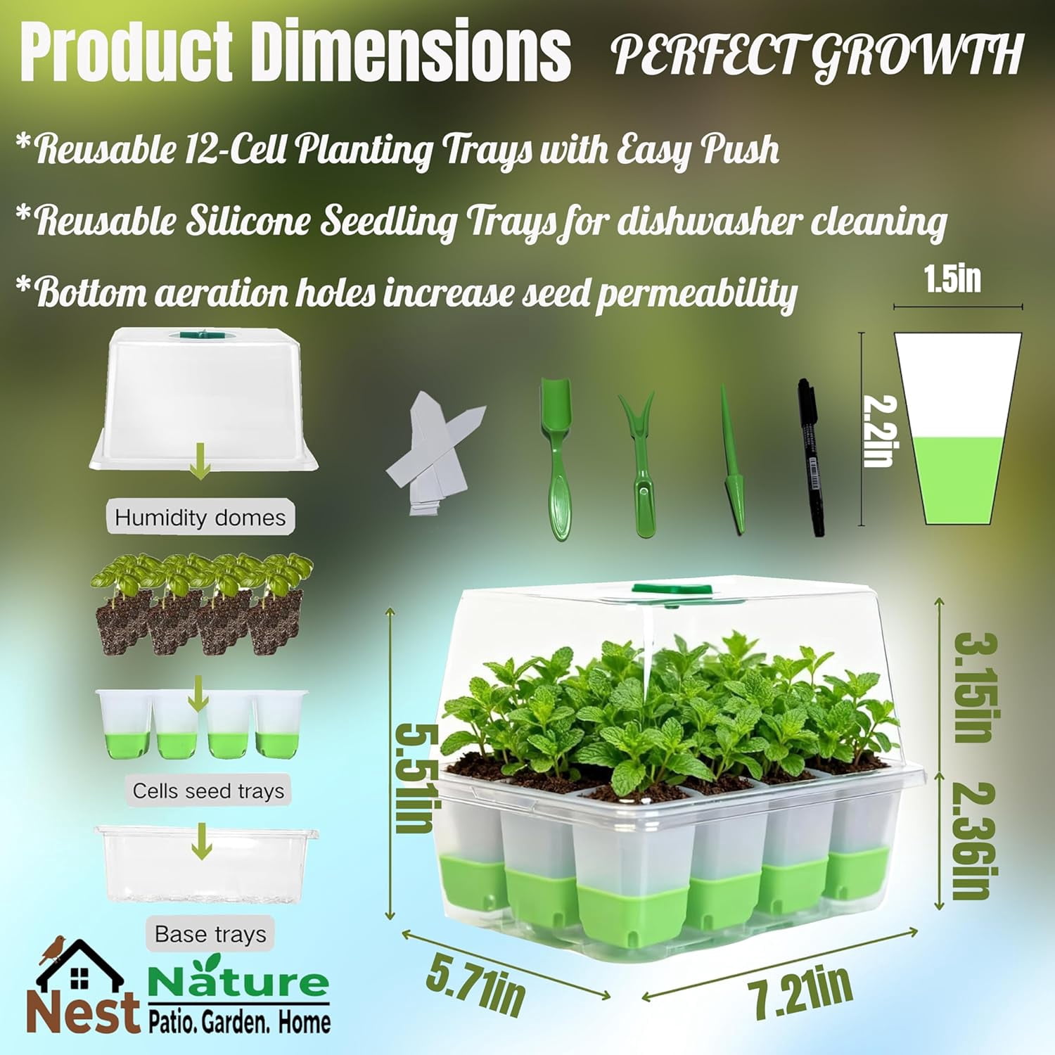 Flexible Germination Trays, Reusable 60-Cell Seed Starter Trays With Humidity Dome & Lids, Flexible Pop-Out Design, BPA-Free Silicone Seedling Kit & Dishwasher Safe for Herbs/Vegetables/Flowers