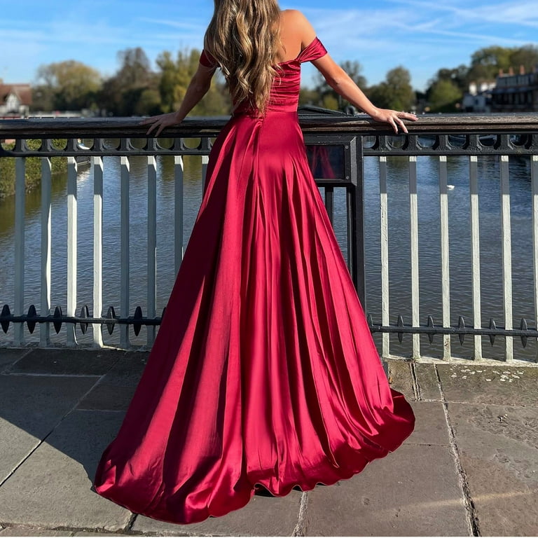 IDALL Wedding Guest Dresses,Prom Dresses Women Long Satin Off