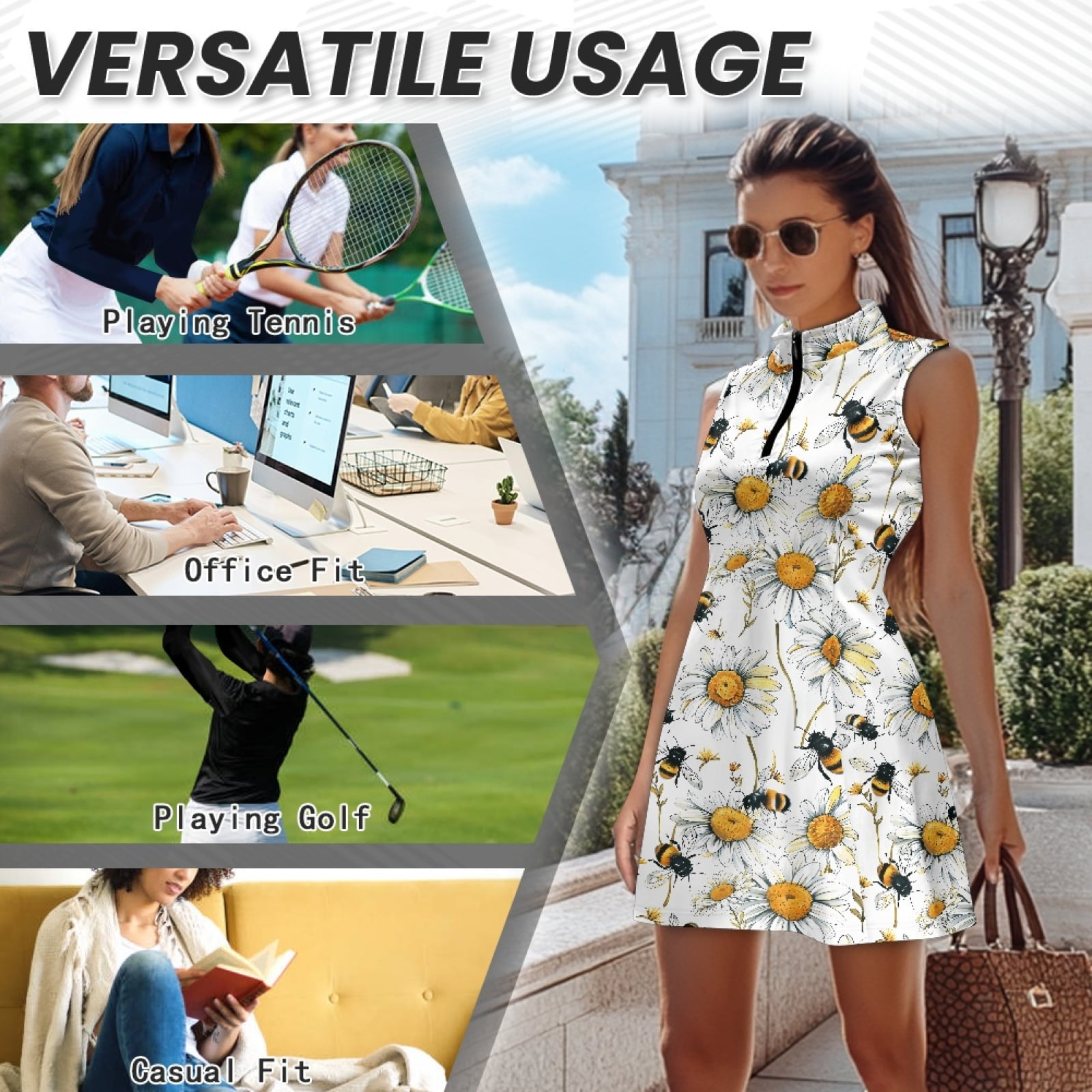 COEQINE Bee and Daisy Floral White Print Tennis Dress for Women Quick Dry Elastic Sports Dresses with Shorts 2 Pockets Sleeveless 2 Piece Set Golf Outfits with Collared Design, L