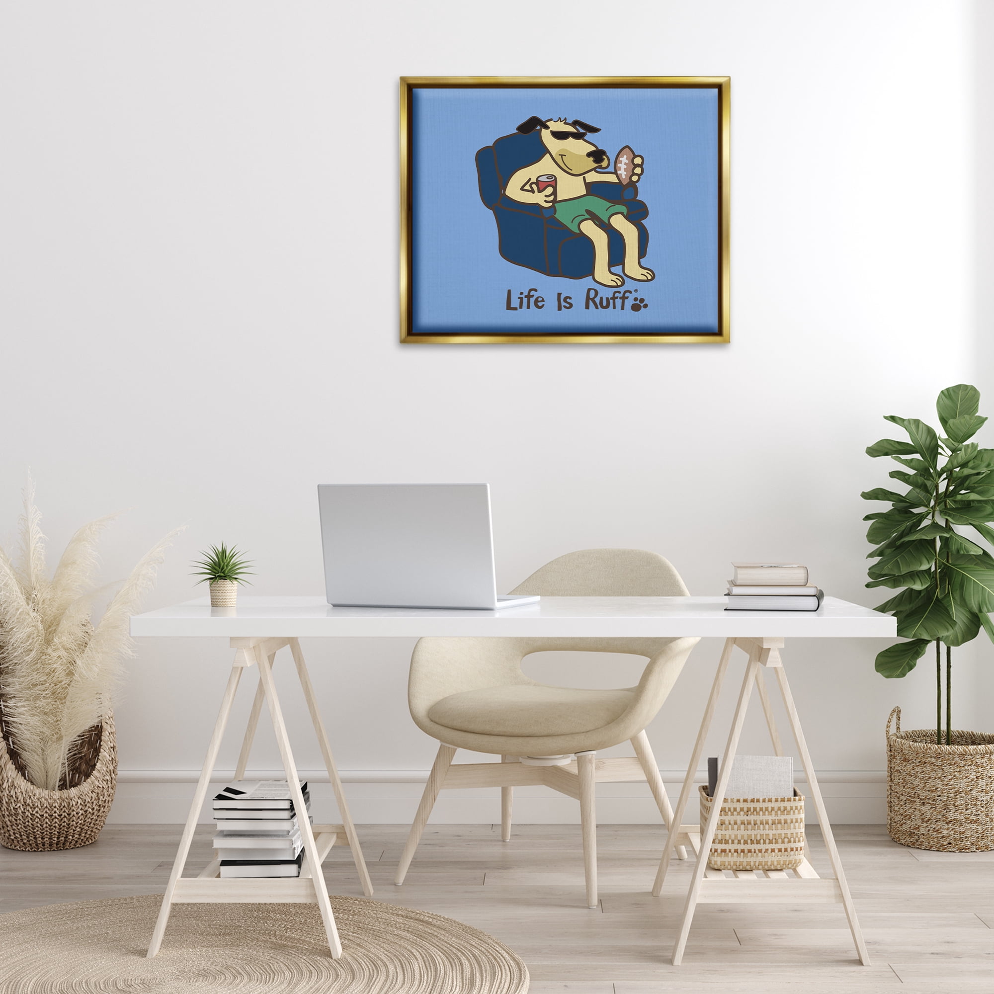 Stupell Industries Lounging Dog with Football Animals Painting Gold Floater Framed Canvas Art Print Wall Art, 31 x 25