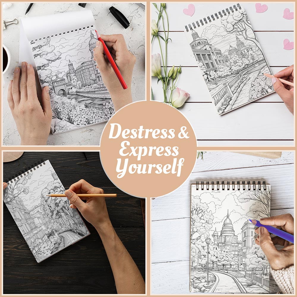 Netecom City Springtime Coloring Book Spiral Bound For Adults, A5 Wooden Cover, 30 Charming Coloring Pages of City Parks and Lively Spring Vibes for Stress Relief and Relaxation