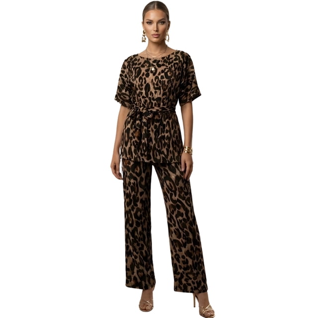 Conjunto 2 Piezas Blusa y Pantalón Animal Print Estilo Sofisticado Y Versatilidad para Mujer