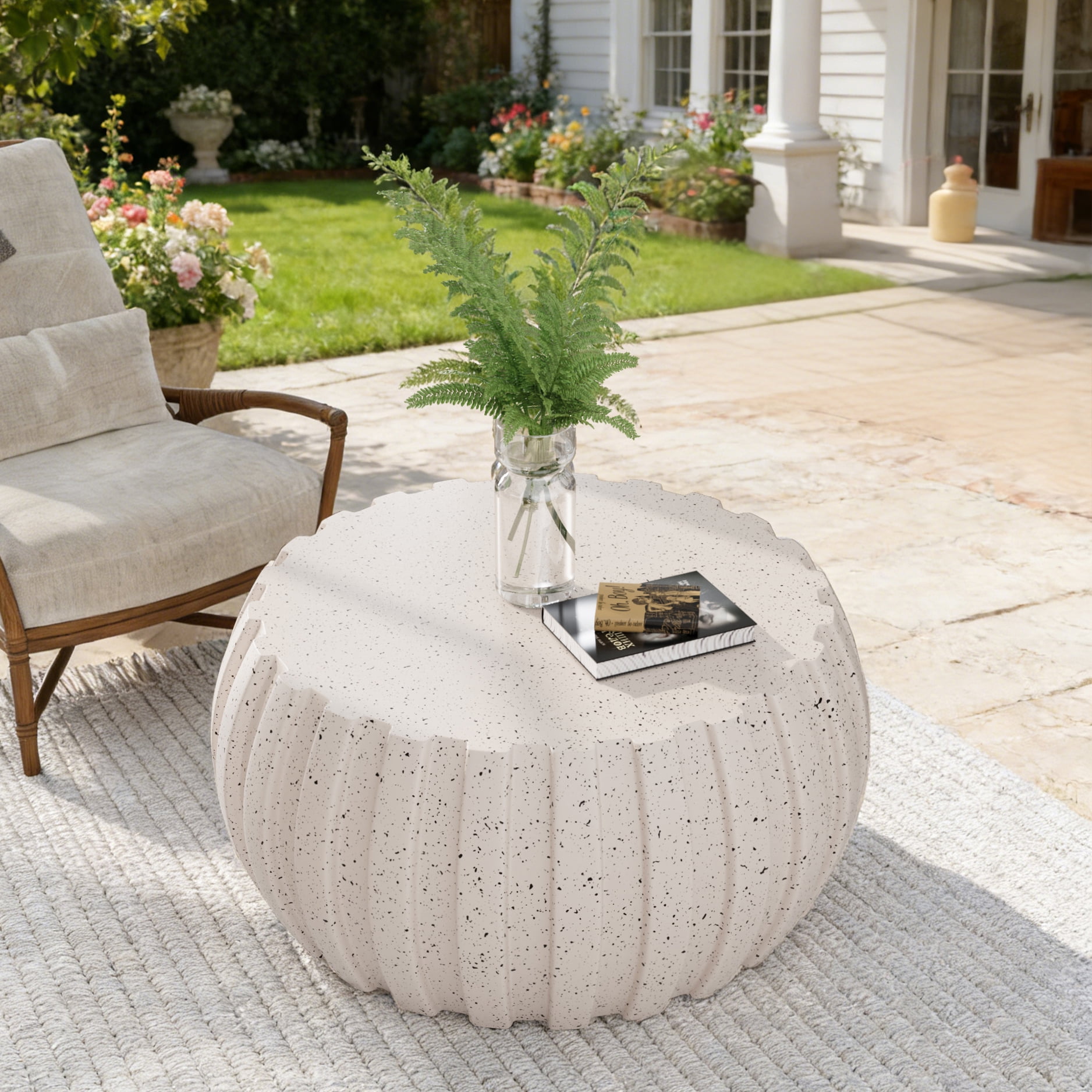 FFH 35.43" Coffee Table for Living Room, Modern Patio Coffee Table, Waterproof, Durable MgO Cement Design, White