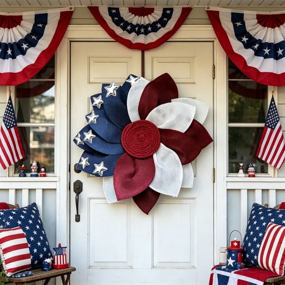 4th of July Wreath Decor, American Independence Day Patriotic Flower Wreath for Front Door, Outdoor Home Garden Wall Decoration