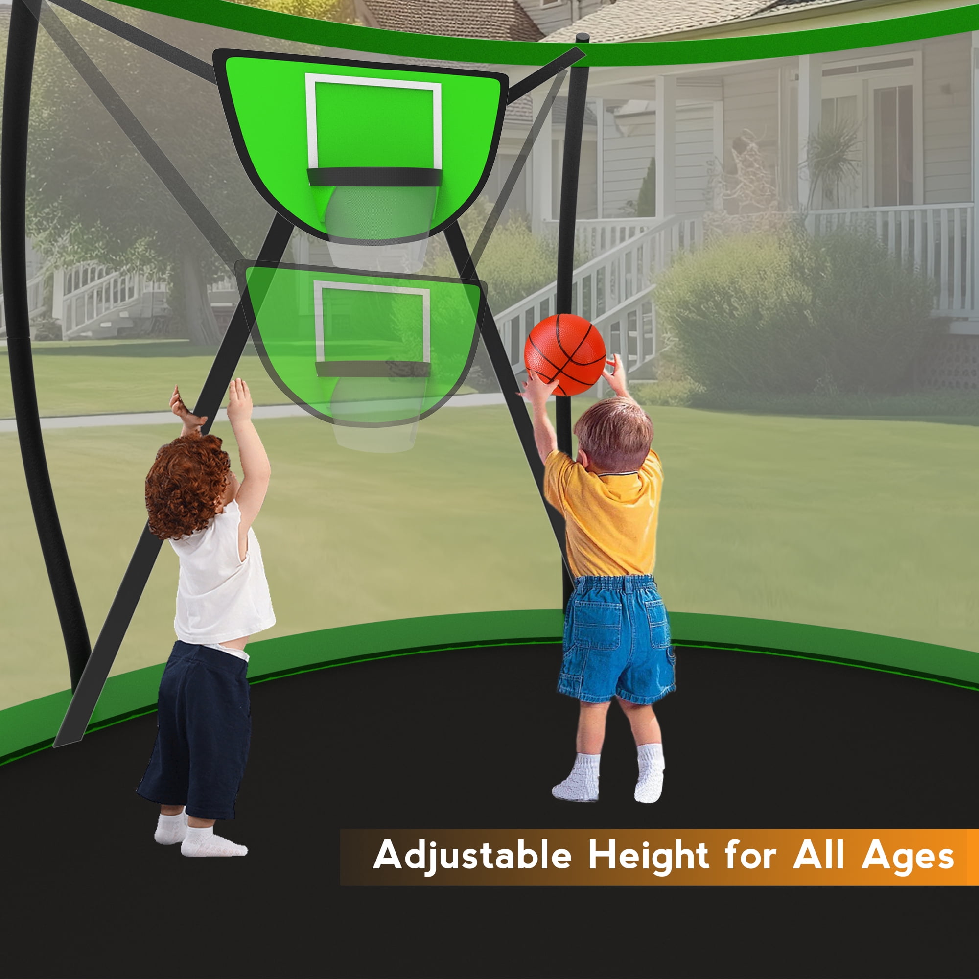 KOFUN Trampoline with Basketball Hoop, 16FT Trampoline for Adults and Kids, No Gap Design Backyard Trampoline with Enclosure Net, Ladder, A Ball, Green