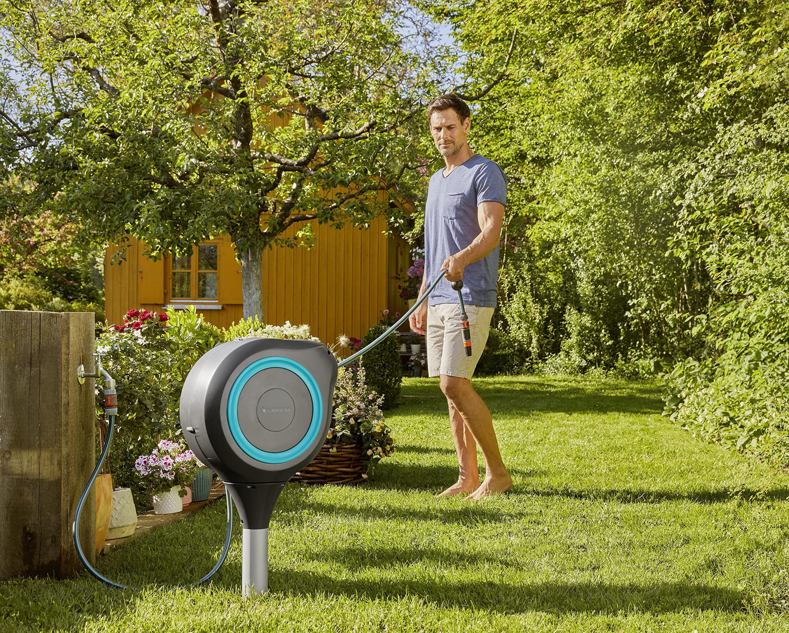 Gardena (18614-80) 66' Ft Automatic Retractable Garden Hose Reel on Metal Spike, 66' Outside Garden Hose Length, with 360° Rotation to Reach All Areas of Your Yard