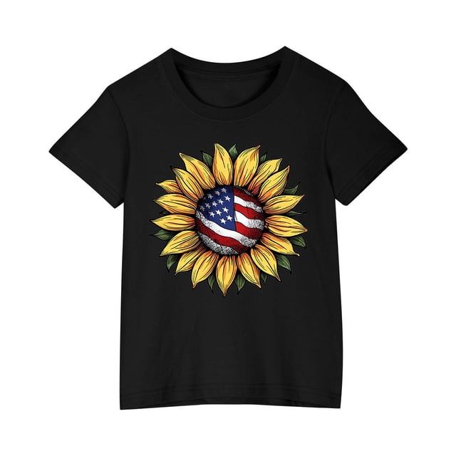 Vestido Corto de Verano Niños Niños Niñas Camiseta de Algodón Cuello Redondo Lindo Día de la Independencia Imprimir Top