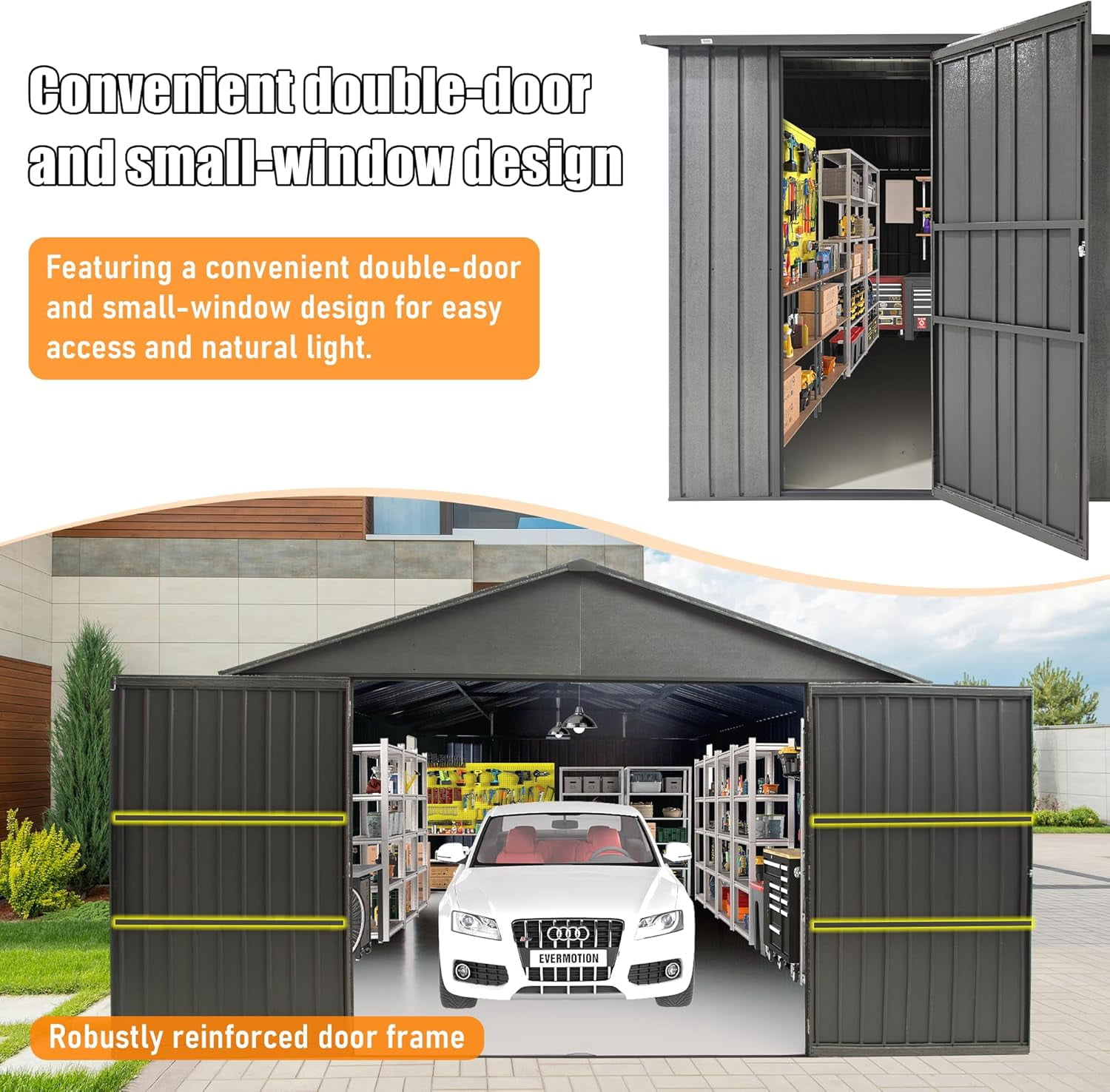 TOTAL Outdoor 12x25FT Outdoor Metal Garage Shed, Extra-Large Steel Carport with Lockable Double Doors, Heavy-Duty Car Shelter for Cars, Trucks, Motorcycles, and Lawn Equipment, Dark Grey