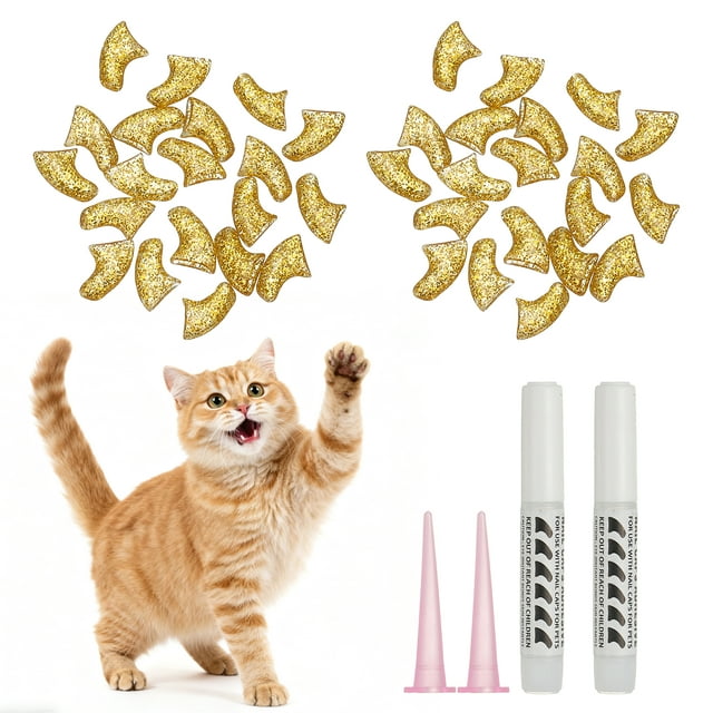 Uxcell Cat Nail Caps, Cat Claw Covers with Adhesive Glue and Applicators, Kitten Claw Caps Soft Paws, (40 Pcs, S, Crystal Gold), Intended for Pet Tips / Nail Covers / Control Paws