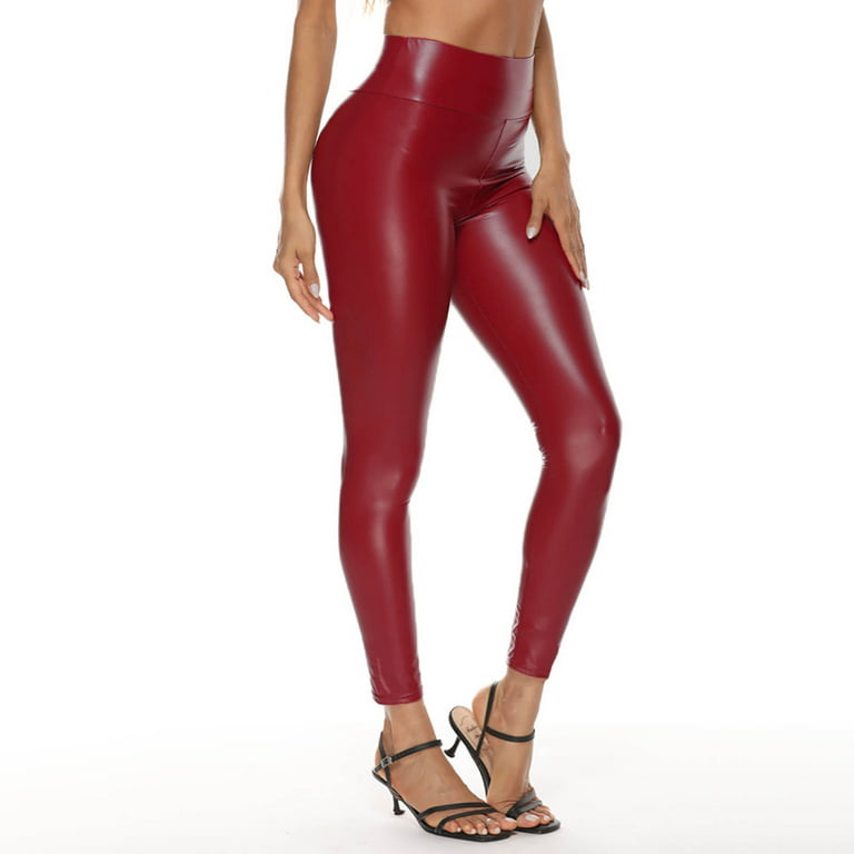  Ladies Treggings Leggings Trousers Tube Stretch Leather Look  Imitation Leather Pants Streetwear Tights Leather Leggings (Color : Red  Wine, Size : Medium) : Everything Else