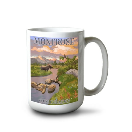 

15 fl oz Ceramic Mug Montrose Colorado Moose and Mountain Stream at Sunset Dishwasher & Microwave Safe