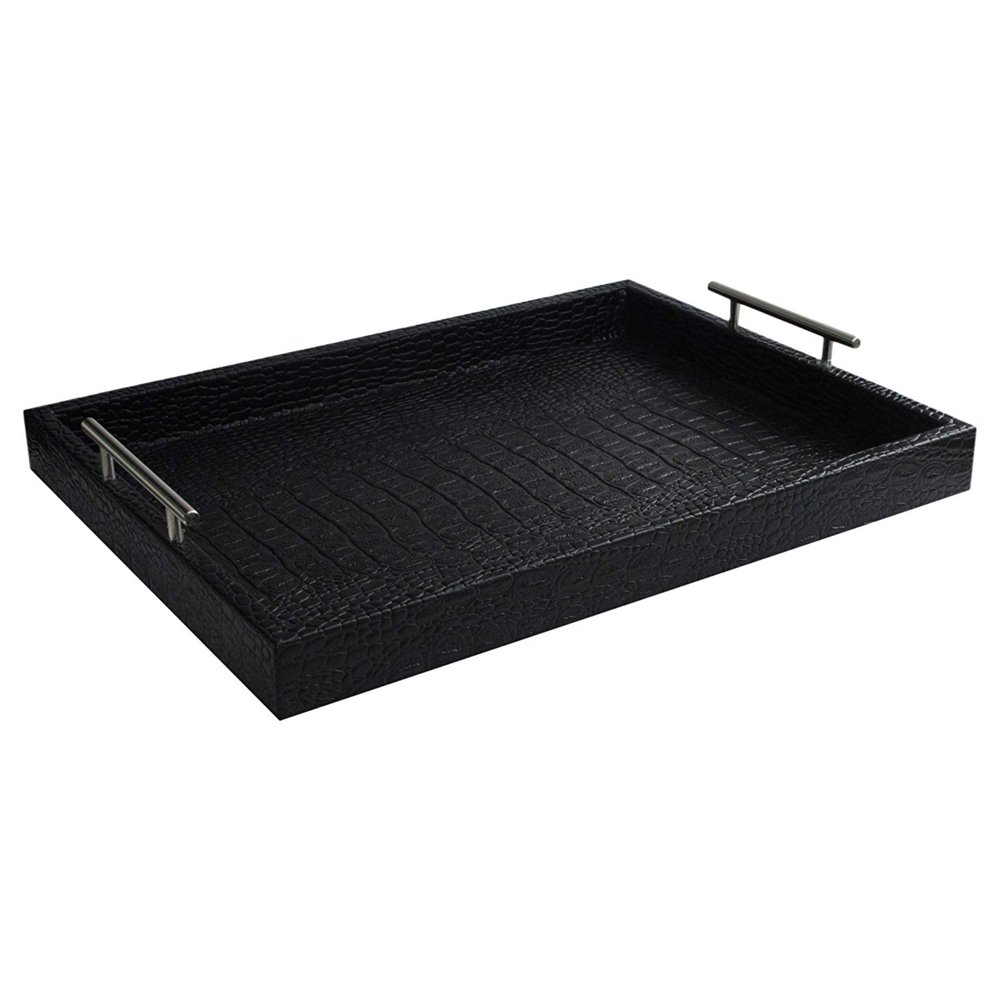Alligator Leather Serving Tray with Metal Handles, Black, Material