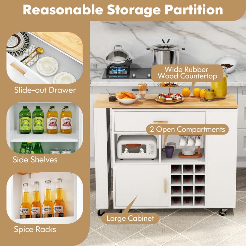 Finihen Rolling Storage Cabinet Cart, Kitchen Island Cart, Reversible Folding Kitchen Island Cart with Wine Rack and Spice Rack, for Kitchen, Dining Room, White Finihen Rolling Storage Cabinet Cart, Kitchen Island Cart, Reversible Folding Kitchen Island Cart with Wine Rack and Spice Rack, for Kitchen, Dining Room, White
