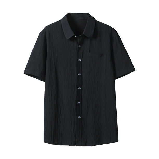 Camisa de Manga Corta Botón Arriba de los Hombres, Vacaciones Casual Color Sólido, Bolsillo Solapa Camisa de Moda