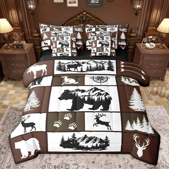 jejeloiu Safari Animal Bear 7-Piece Twin Bedding Sets,Bear Elk Silhouette Bedding Comforter Set,Nature Mountain Landscape Sheet Sets For Boys Kids,Microfiber Bedroom Decor Reversible